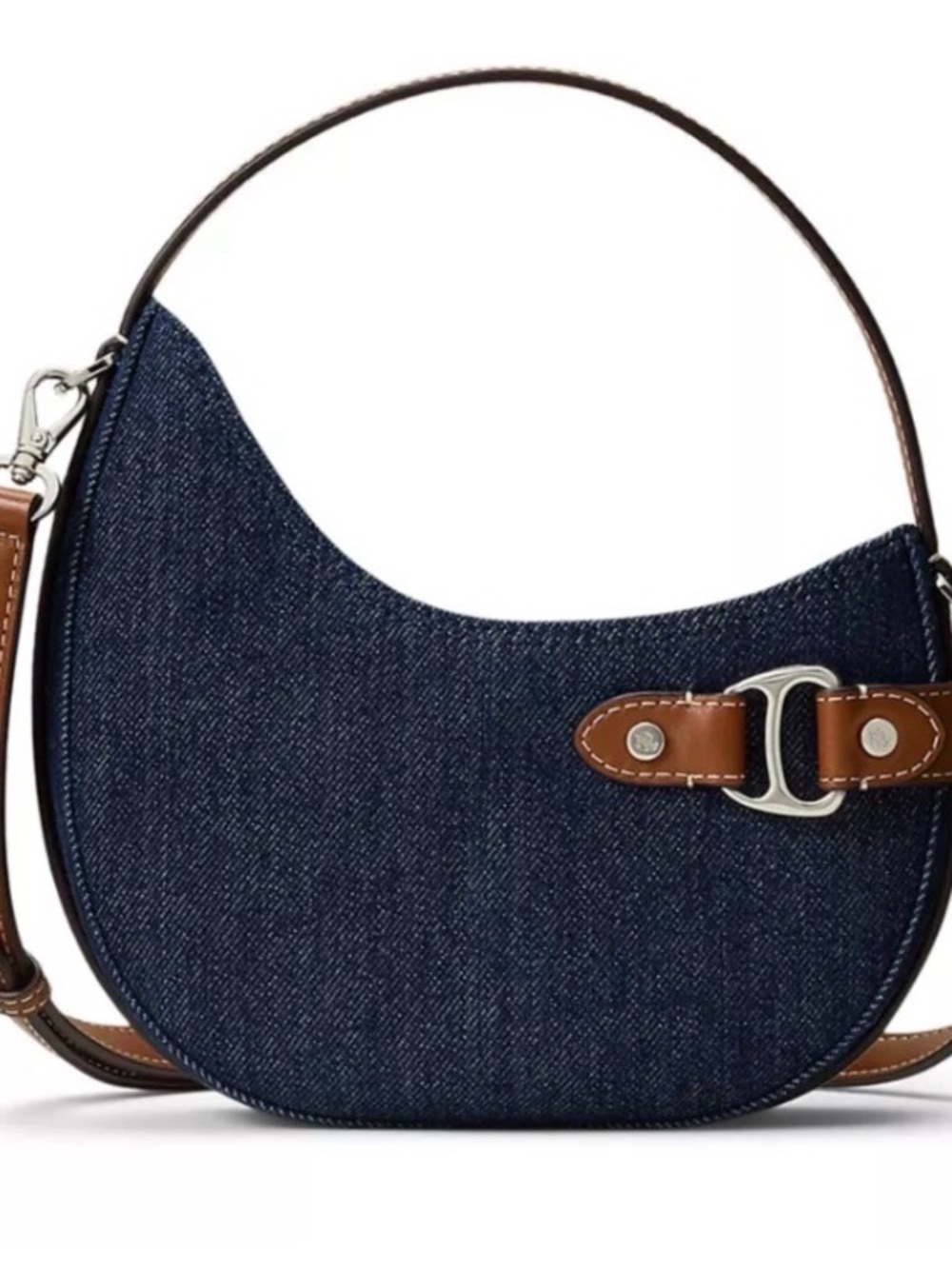 Lauren Ralph Lauren Tasha Denim Crescent Shoulder Bag w/ Brown Leather Trim bag